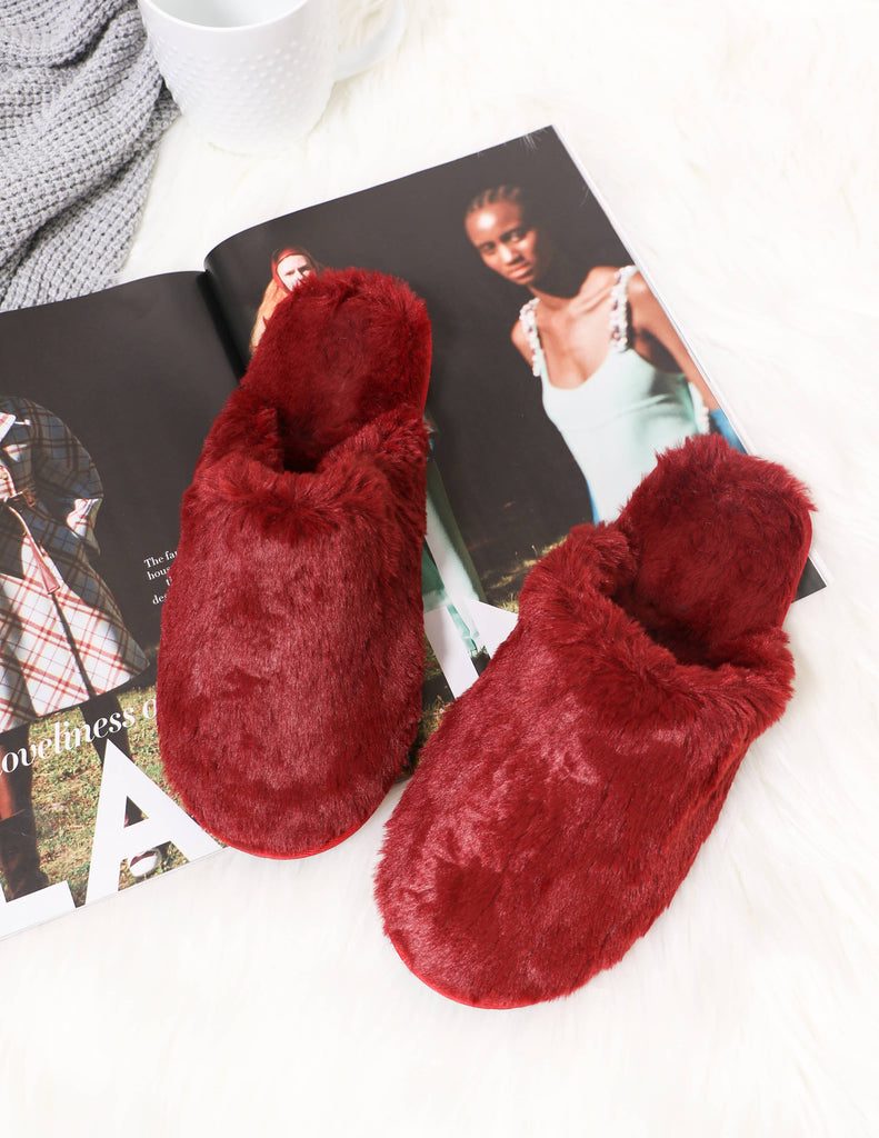 Maroon wine colored closed toe fuzzy wuzzy slippers on white rug - elle bleu shoes