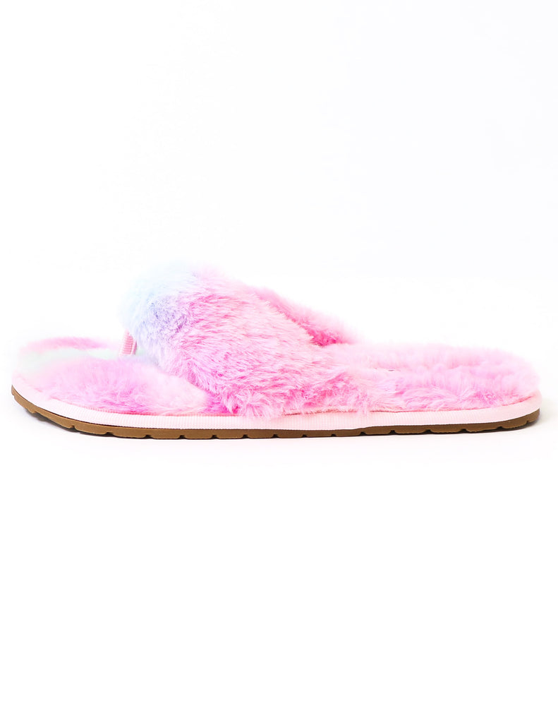 Pink rainbow faux fur slipper on white background with rubber sole - elle bleu shoes