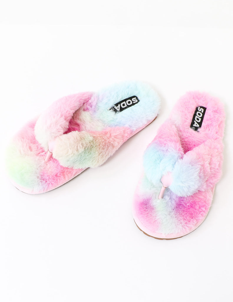 Rainbow fuzzy faux fur slippers on white background - elle bleu shoes