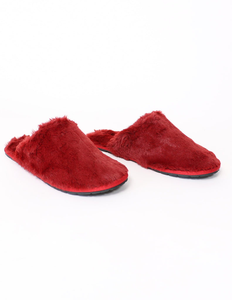 Wine fuzzy wuzzy closed toe fur slippers on white background