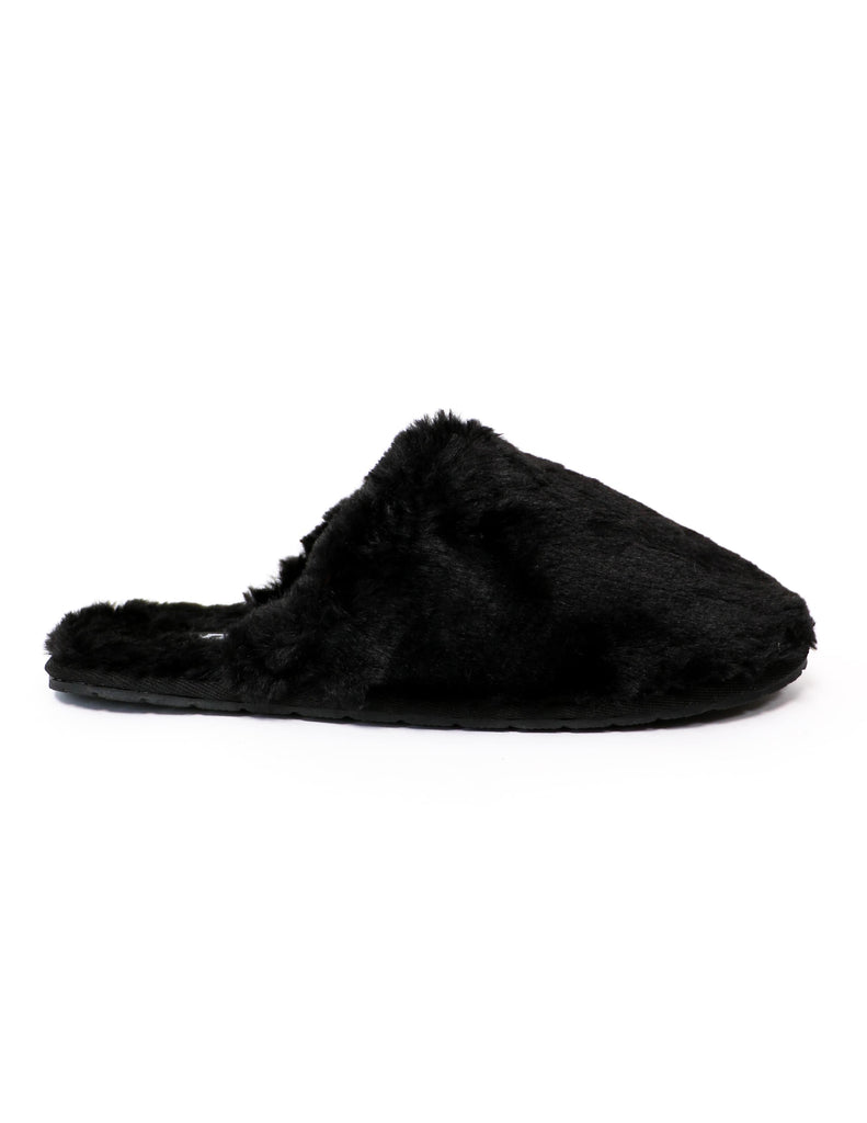 Black fuzzy wuzzy slippers on white background - elle bleu shoes