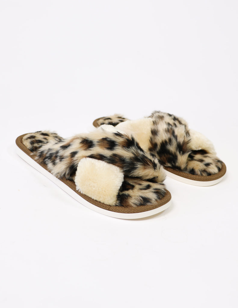 Tan leopard cozy kitten furry fluff slipper - Elle Bleu shoes