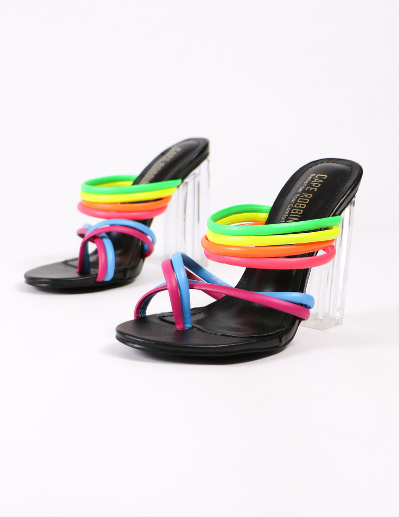 leading rainbow crystal block heels on white background