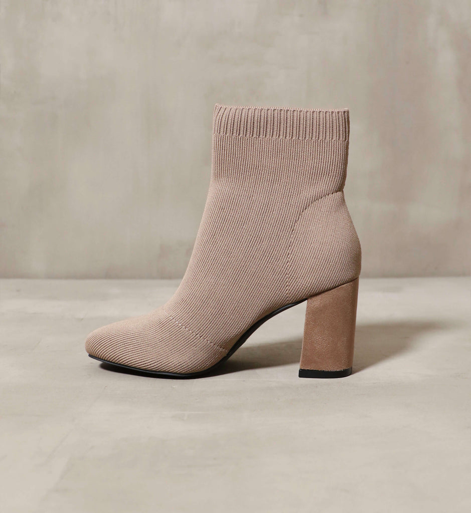 Natural colored knit bootie with a block heel - Elle Bleu Shoes