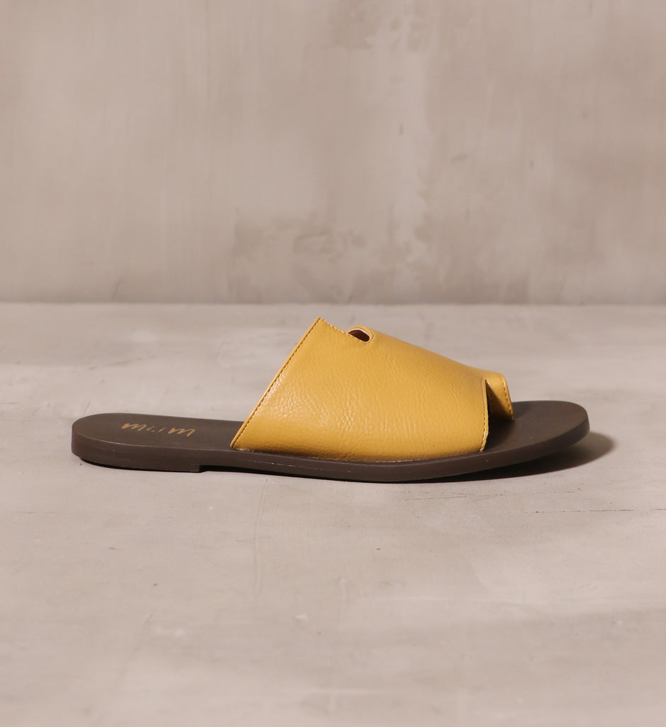 outer side of the mustard yellow back toe you slide sandal on cement background