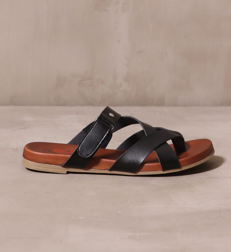 outer side of the black casually crossed sandal on brown insole