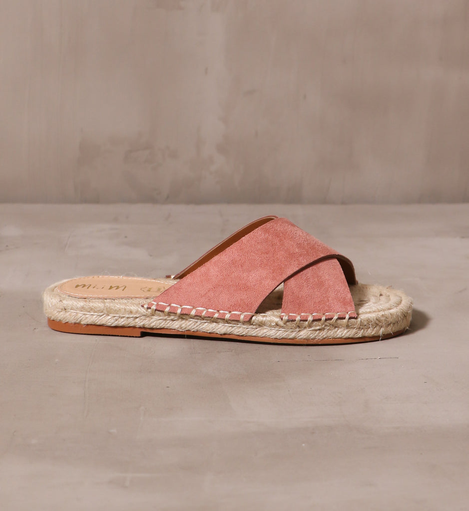 outer side of the espadrille you go with me slide with esparto rope insole and criss cross pink suede straps