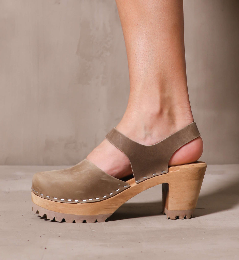 inner side of the taupe khaki leather upper on the abba swedish clog