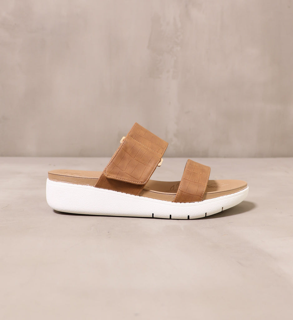 outer side of the tan faux leather straps and white chunky rubber sole on the one two strap sandal