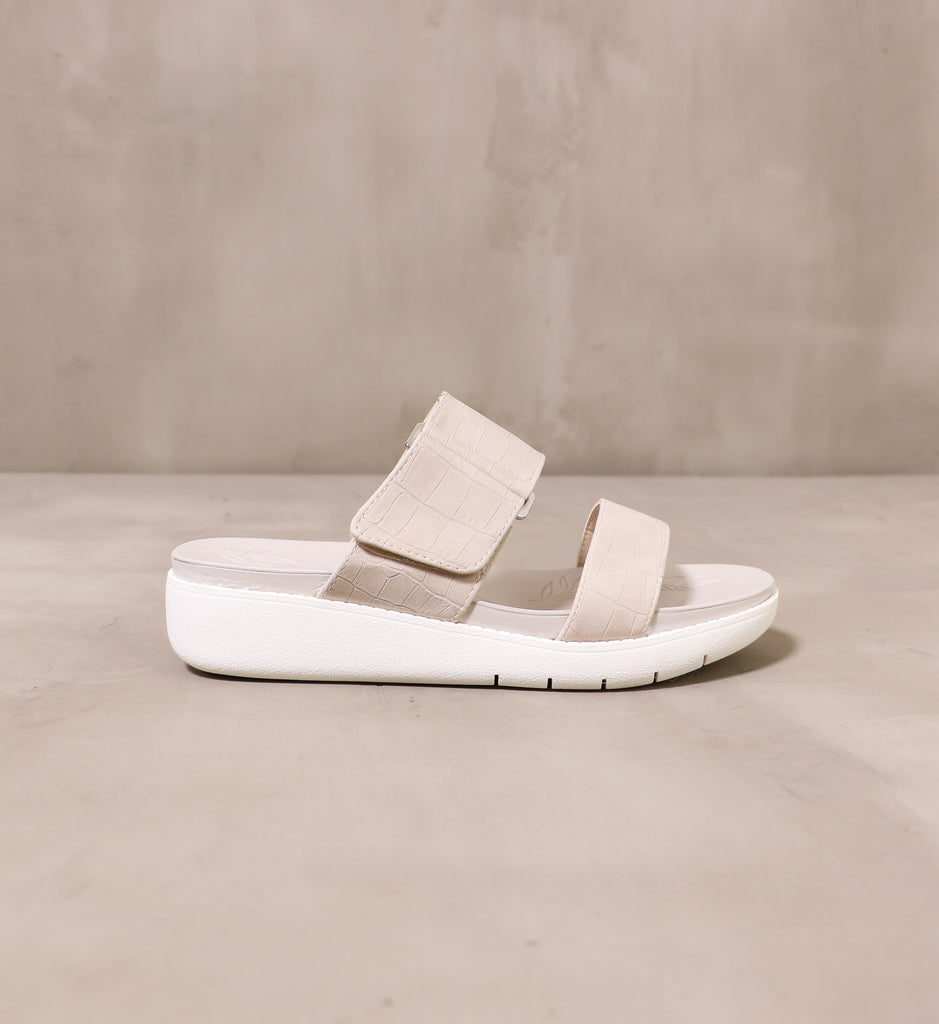 outer side of the off white one two strap sandal with chunky white rubber sole