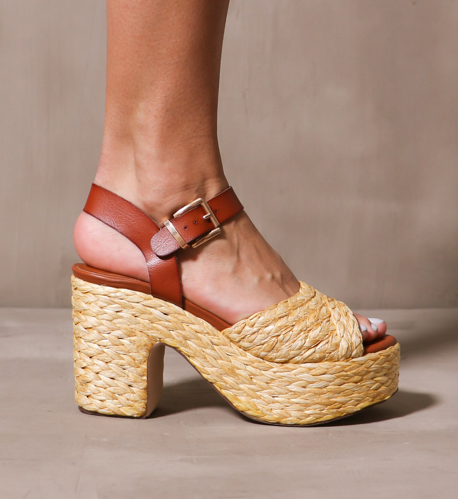 outer side of the straw attention platform sandal on model