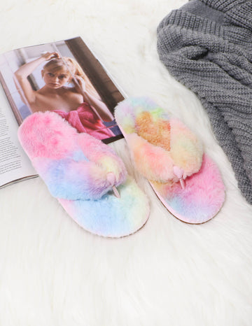 Rainbow pink blue and green faux fur fuzzy slippers on white fur rug - elle bleu shoes