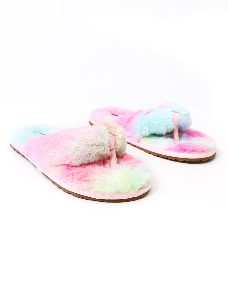 Rainbow pink blue and green faux fur fuzzy slippers on white background - elle bleu shoes