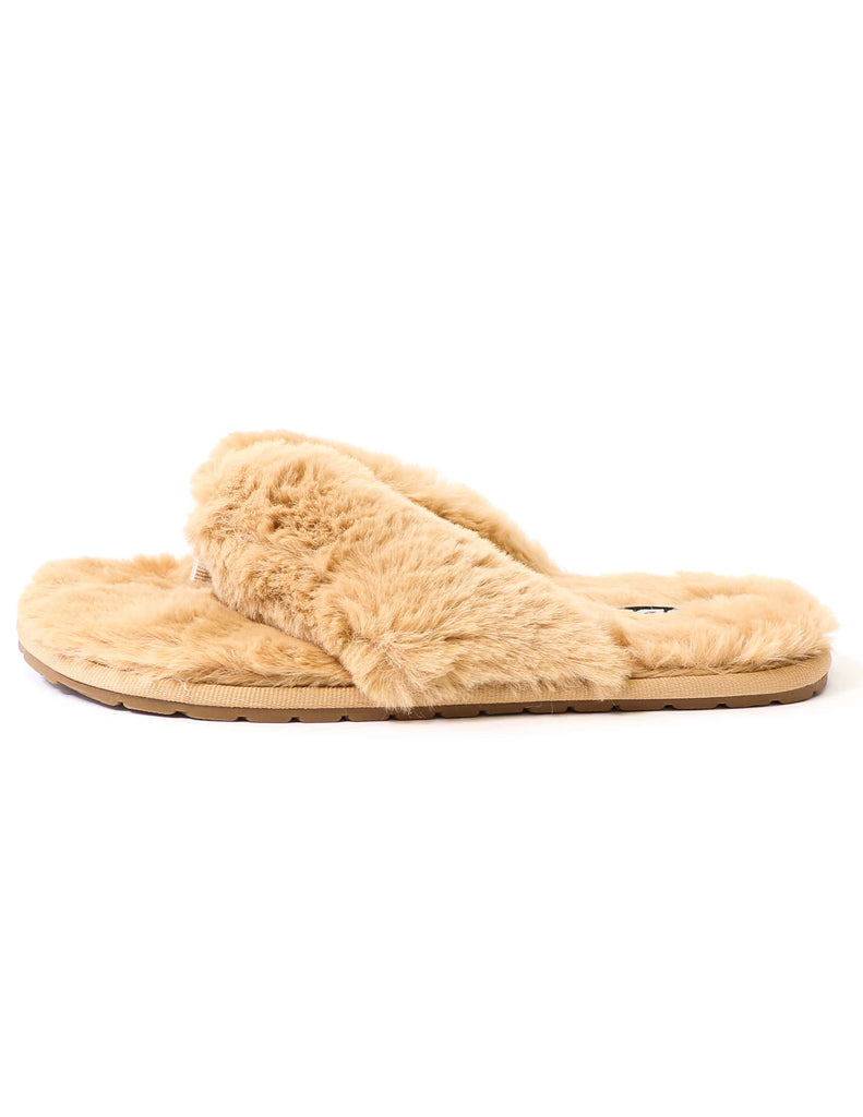 Natural tan faux fur fuzzy slippers on white background - elle bleu shoes
