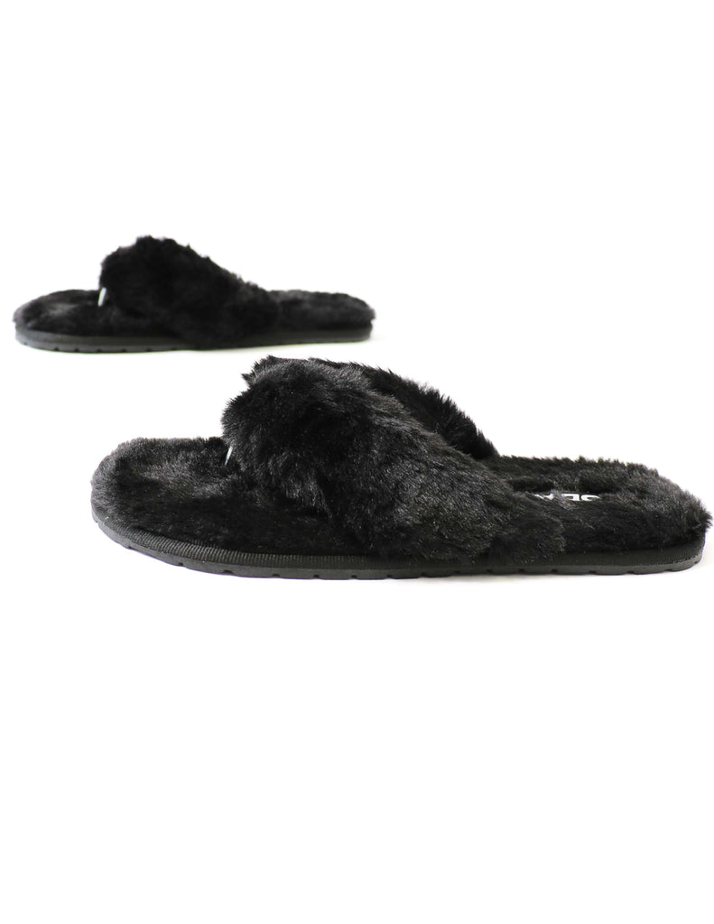Black faux fur slippers on white background - elle bleu shoes