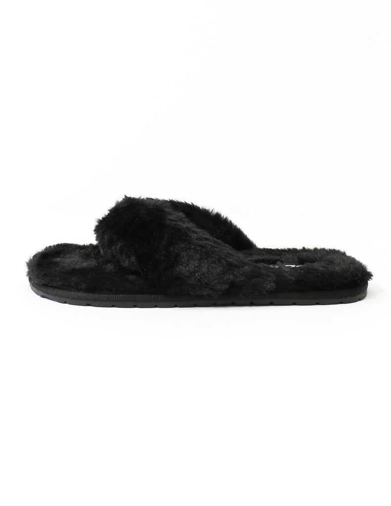 Black faux fur fuzzy women's slipper on white background - elle bleu shoes