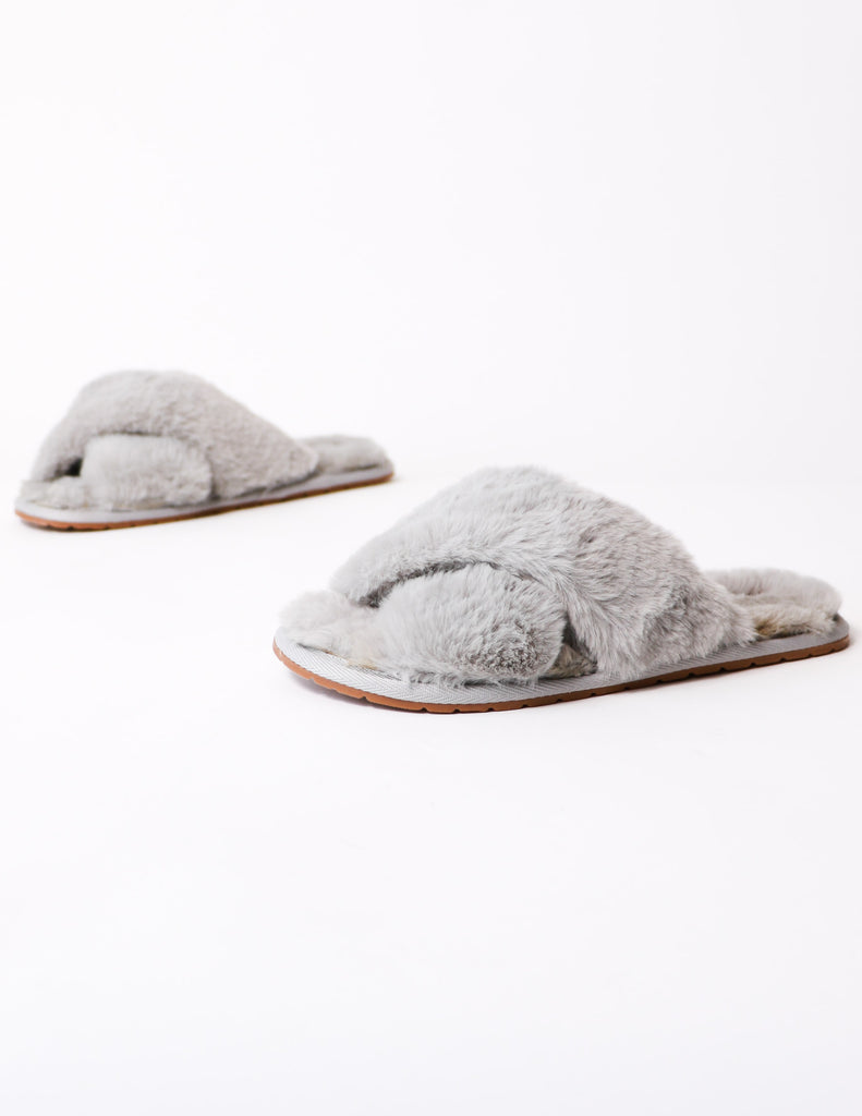 Close up of the grey fur the dreamers slipper slides - elle bleu shoes