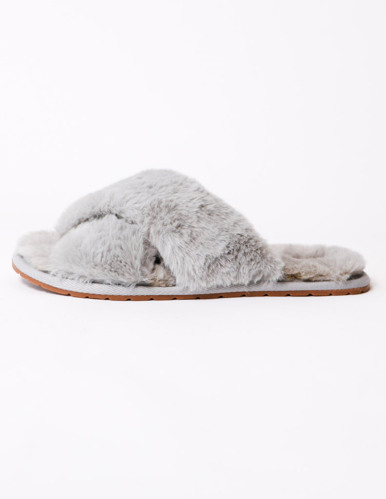 Grey fluffy slide fur the dreamers slipper on white background