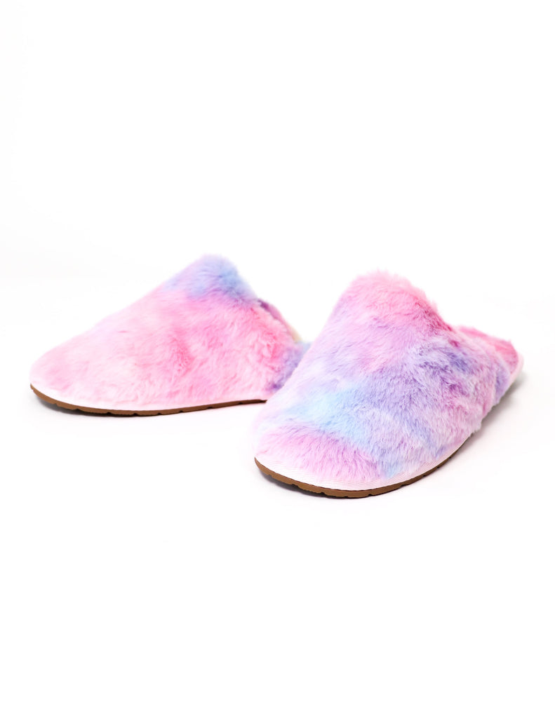 Fuzzy wuzzy rainbow slippers on white background - elle bleu shoes