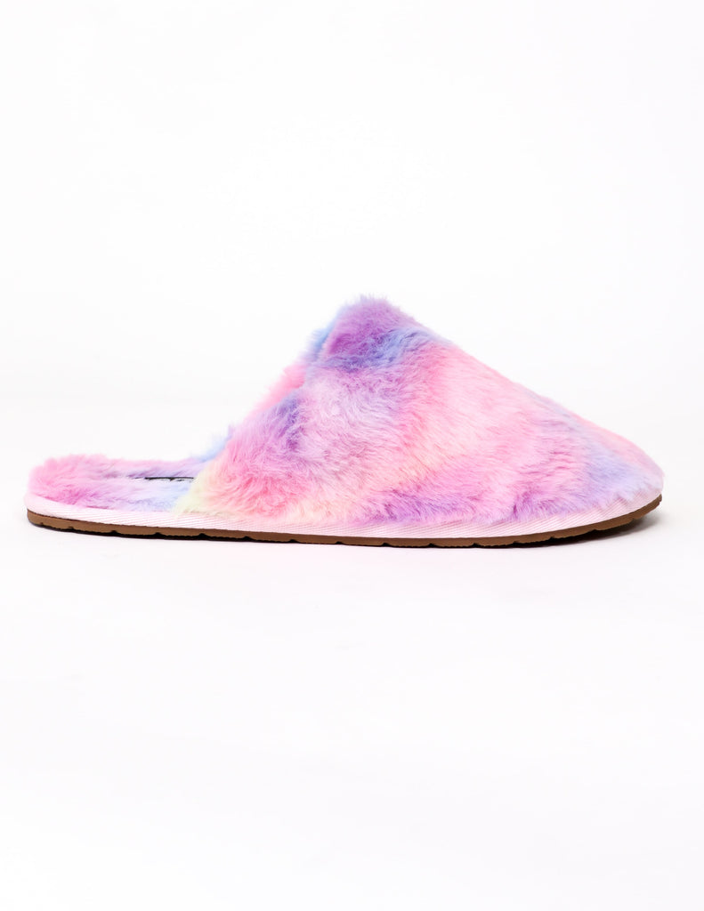 Pink purple and blue fuzzy wuzzy rainbow slippers - elle bleu shoes
