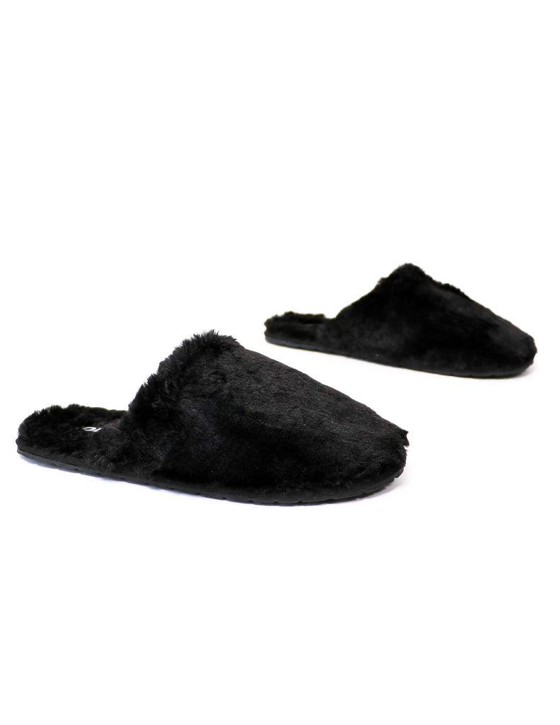 Black faux fur fluffy slippers on white background