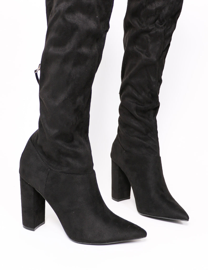 Close up of the thigh's the limit boot in black - elle bleu shoes