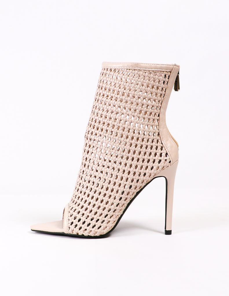 Weave nude stone colored booties with open toe - elle bleu shoes