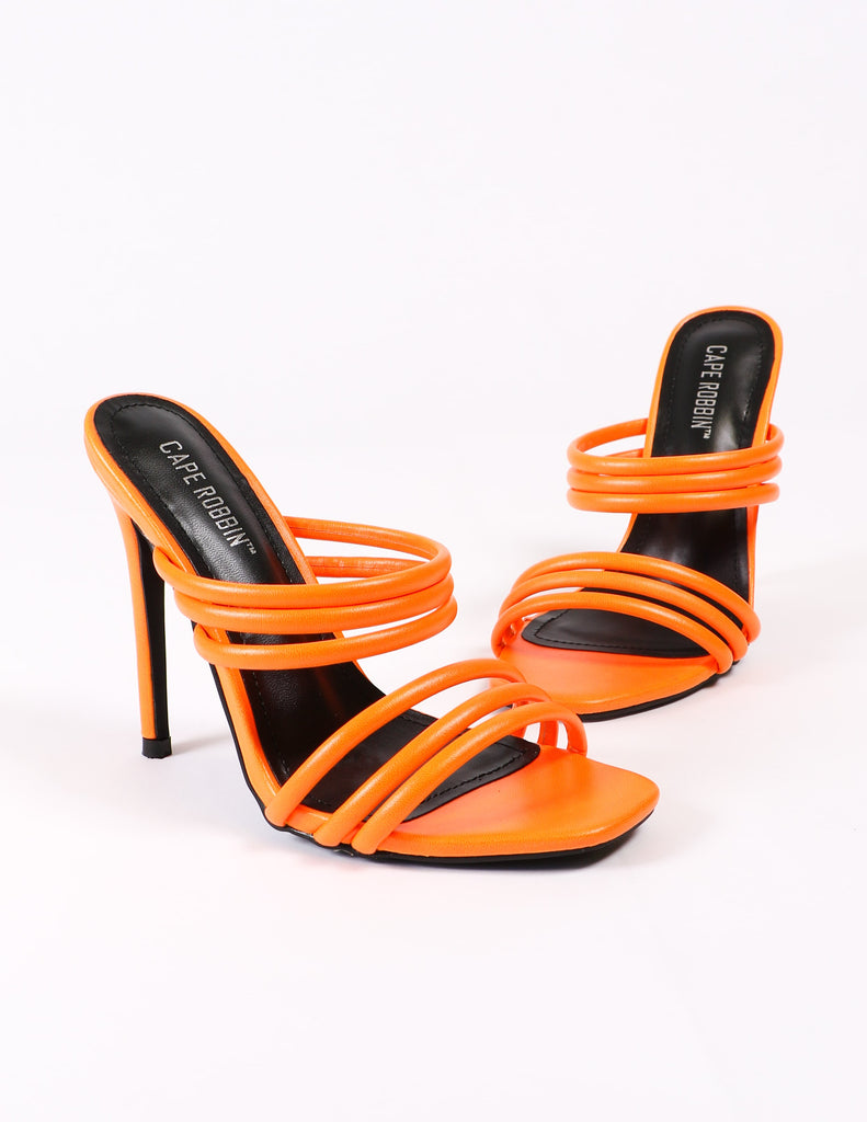 orange strappy heels on white background - elle bleu shoes