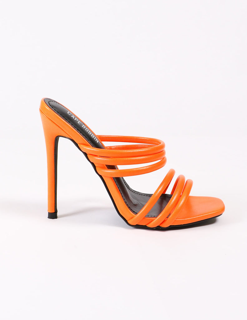 strappy orange slip on heel on white background - elle bleu shoes