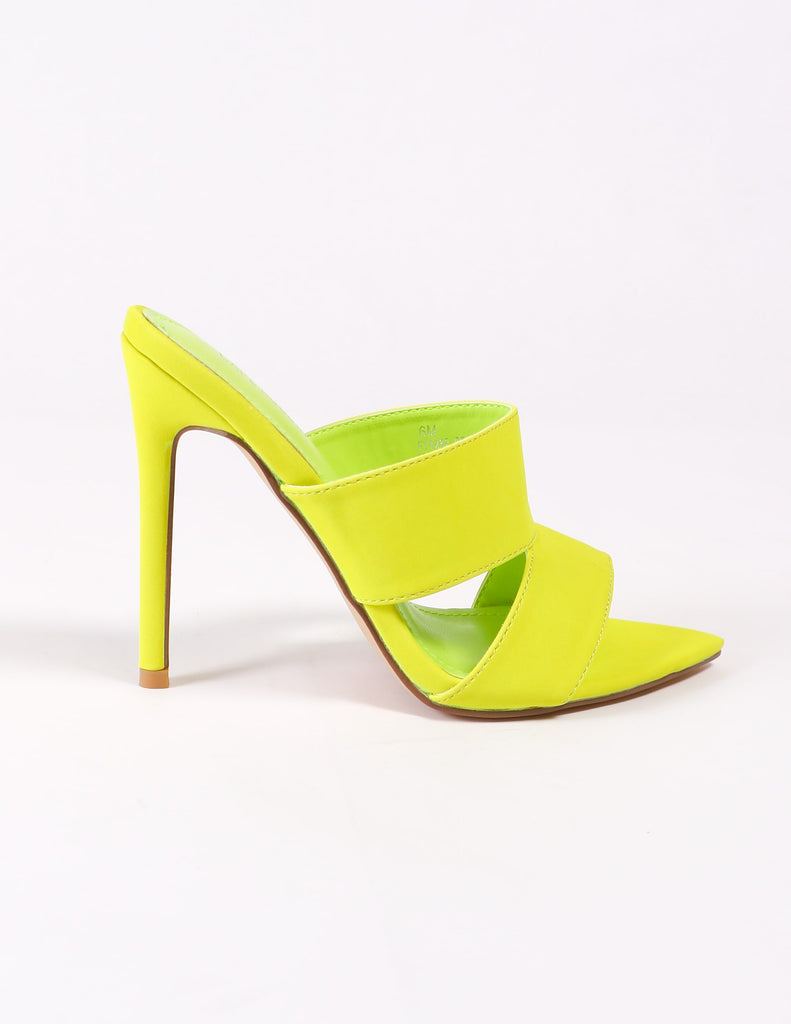 side of the lime green highlight stiletto heel on white background