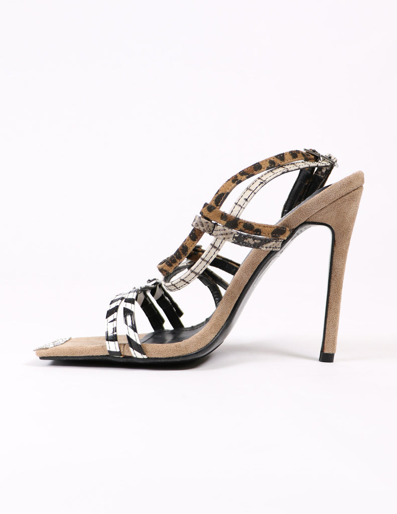 strappy animal print stiletto heel on white background - elle bleu shoes