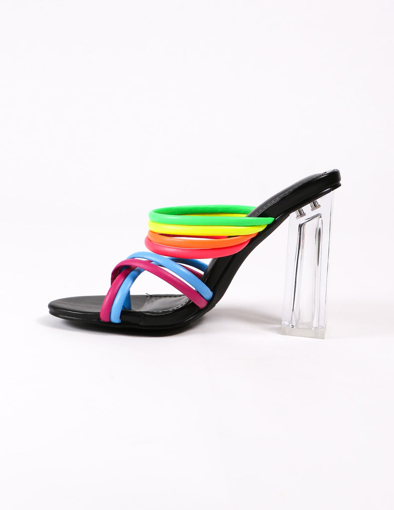 side of the leading rainbow shoe with crystal heel