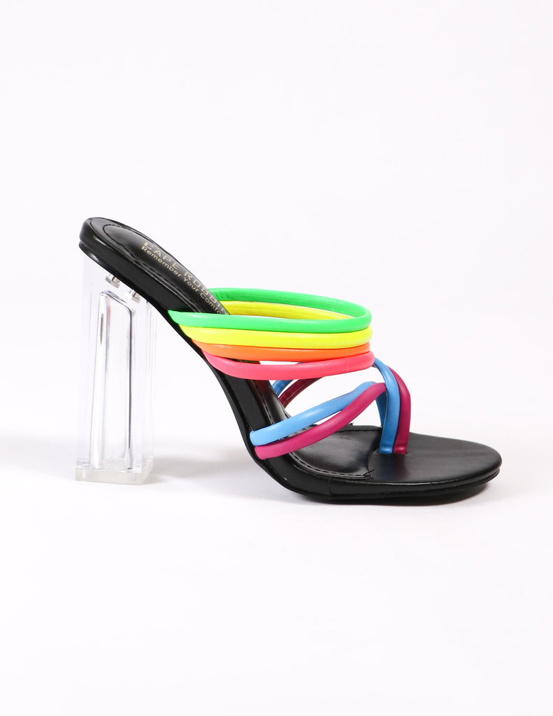 side of the black and rainbow leading rainbow heels on white background