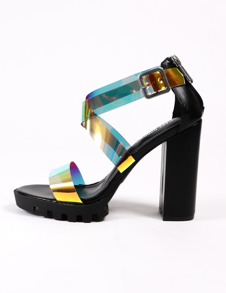 strappy metallic heels with buckle on black heel - elle bleu shoes