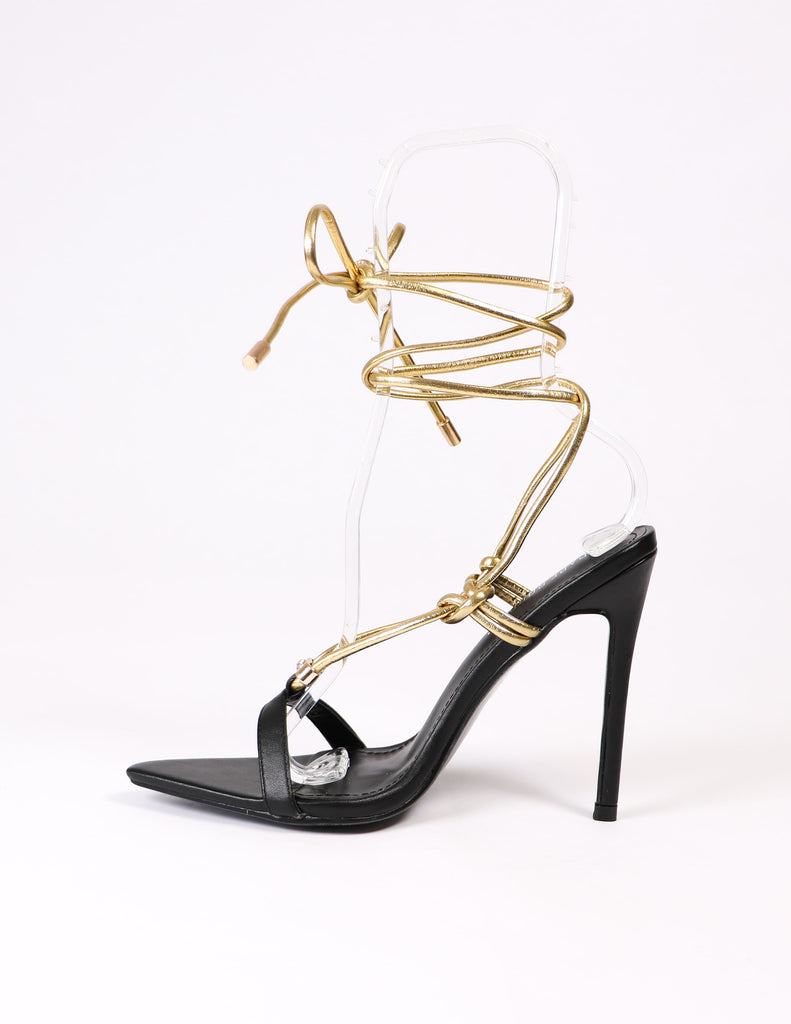black heel with gold lace up strap - elle bleu shoes