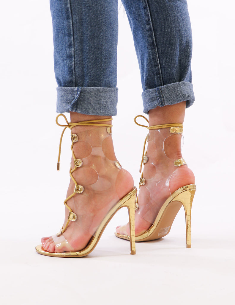 back of the gold lace up heels on model - elle bleu shoes
