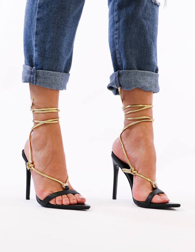 black and gold lace up heels on model - elle bleu shoes