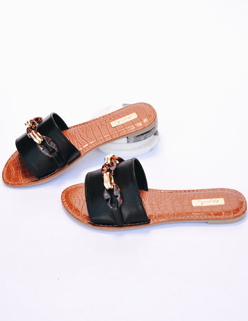 Black slide sandal with chain and tan croc insole - elle bleu