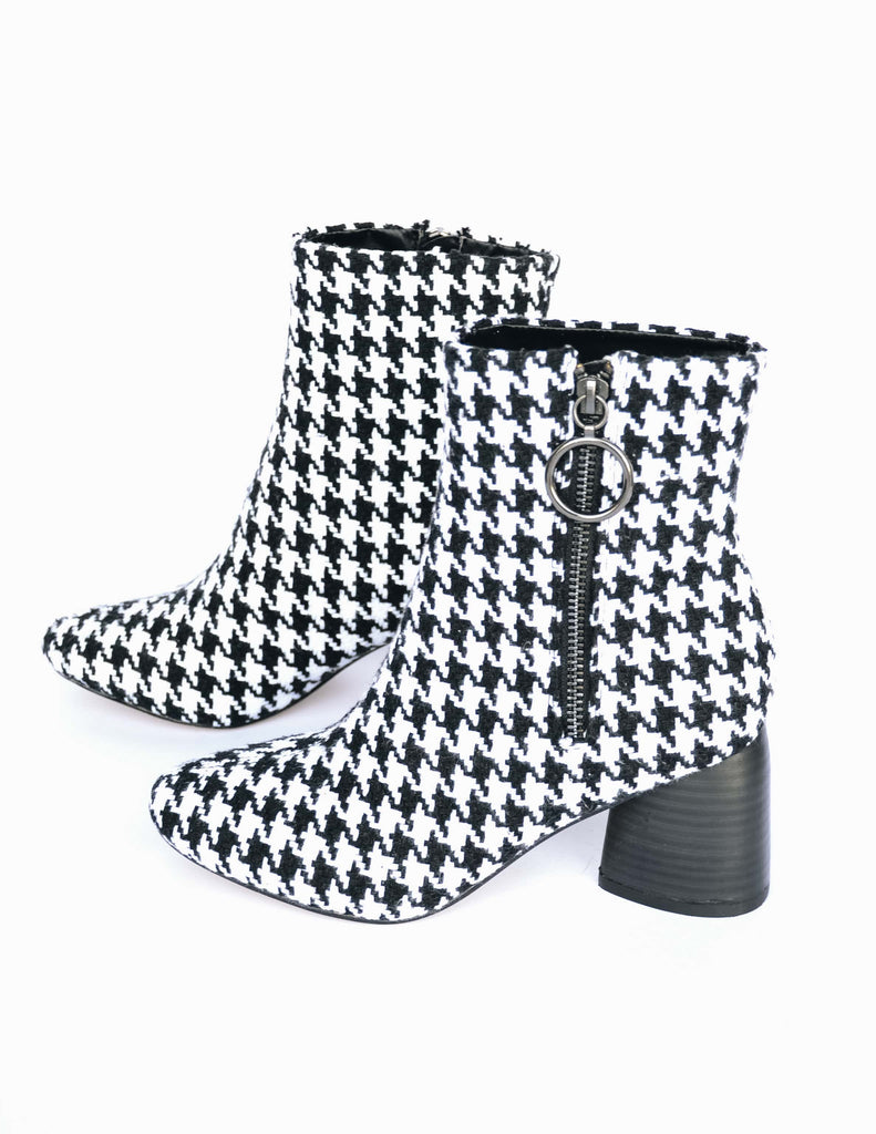 Houndstooth woven fabric boot with black stacked wood heel