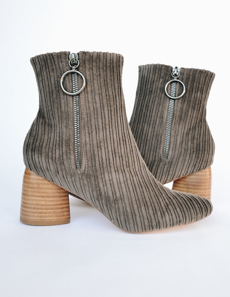 Taupe menlee corduroy bootie with teardrop shaped heel and side zipper