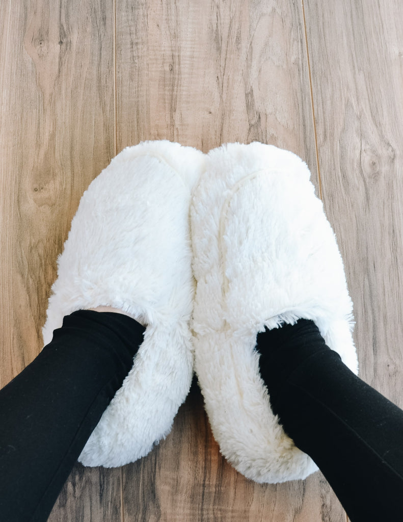 Closeup of warmies slippers on model - elle bleu 