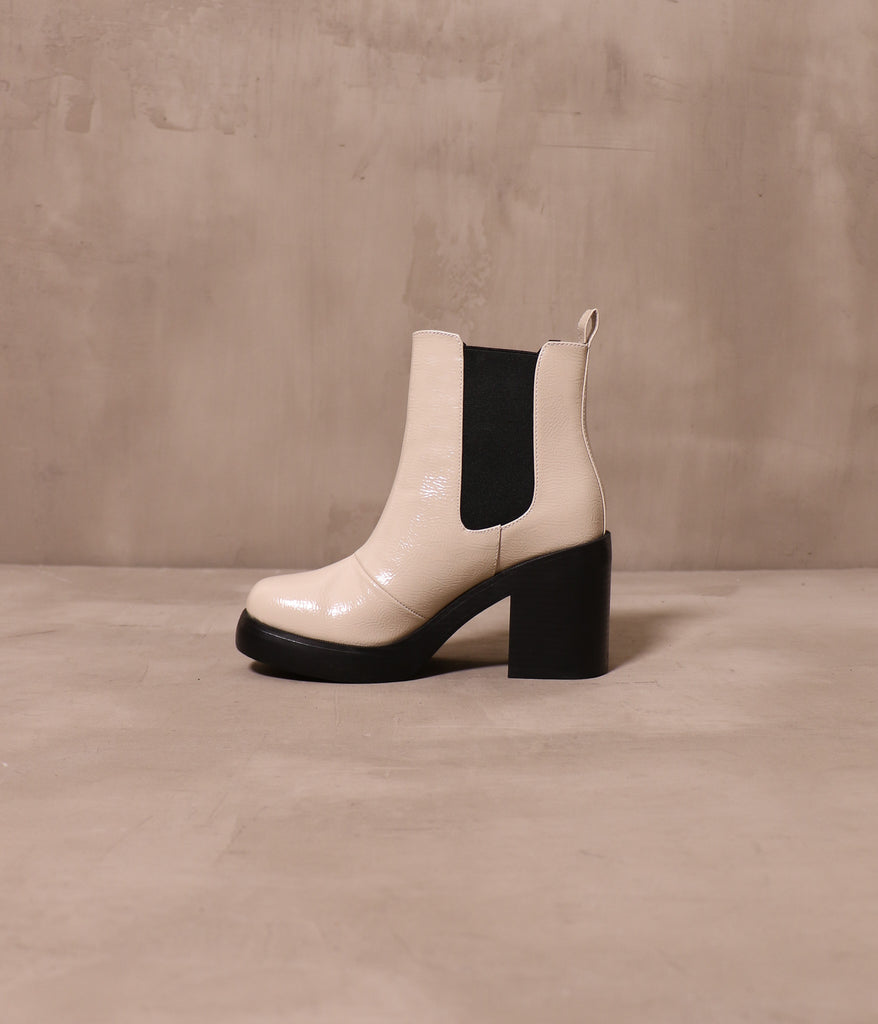 The Sole in One Bootie in Patent Sand color with stretchy black elastic panels - Elle Bleu