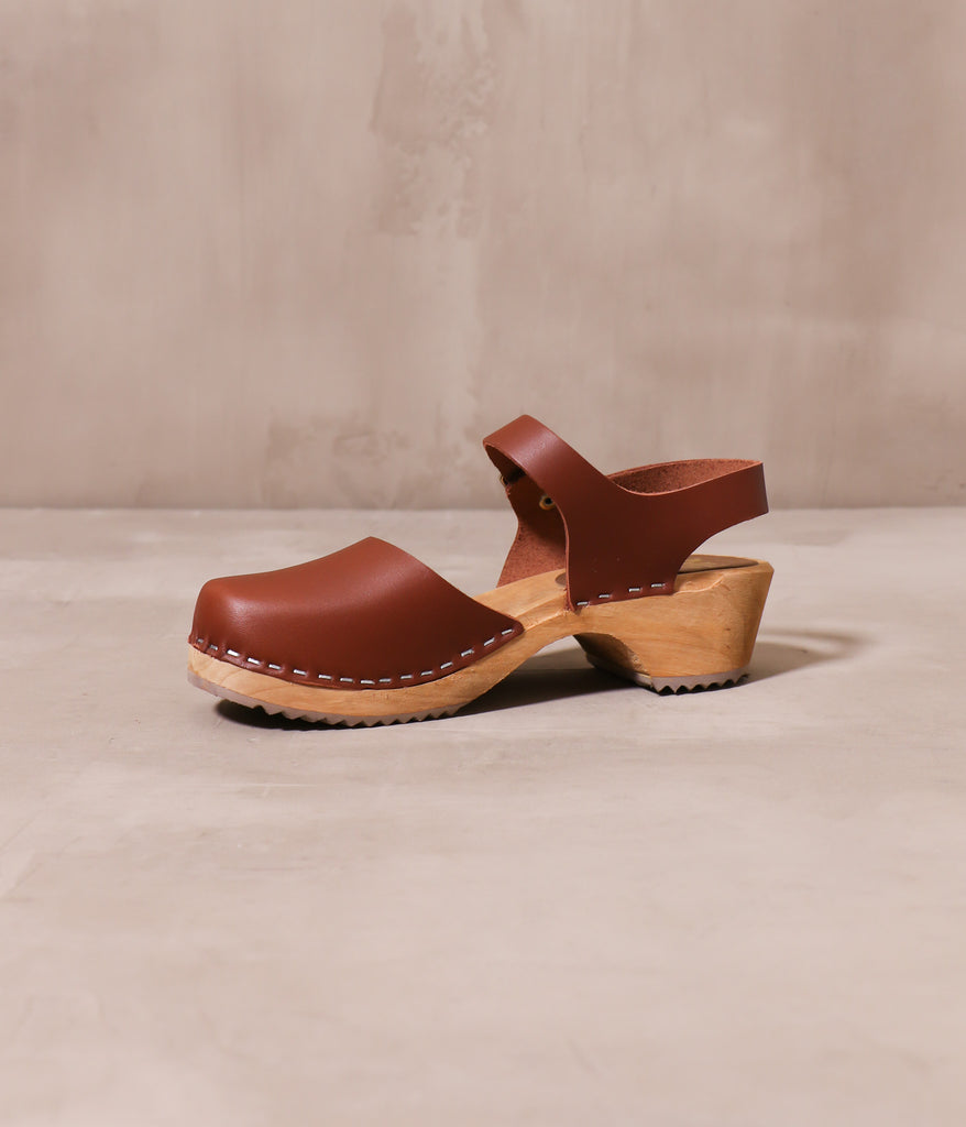 Brown leather clog called the Every Little Step Swedish Clog