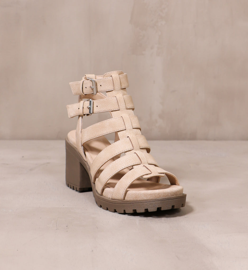 front of the open toe act your cage sandal with brown rubber sole