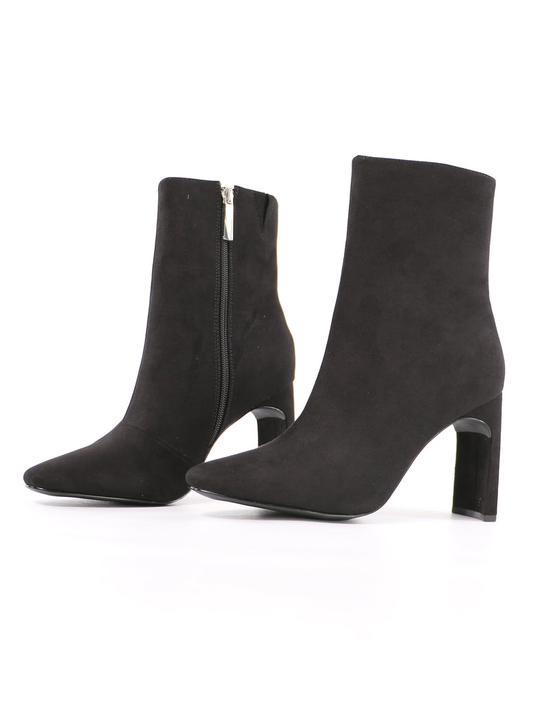 black faux suede and your point is ankle booties on white background - elle bleu shoes