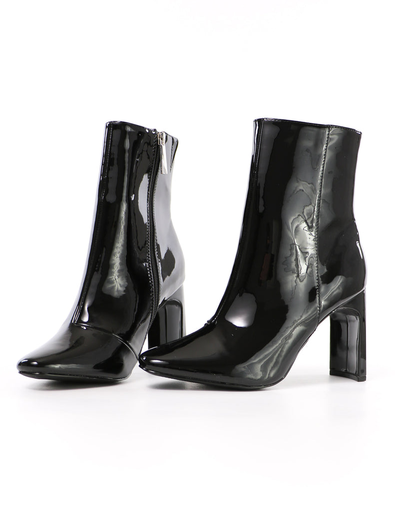 black faux patent leather and your point is ankle bootie heel - elle bleu shoes