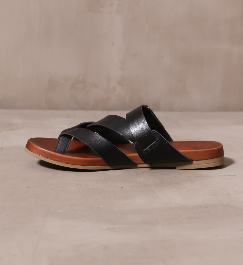 inner side of the casually crossed sandal with black straps