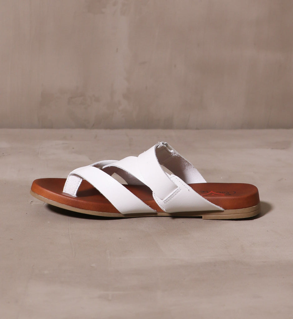 inner side of the white casually crossed sandal with brown sole
