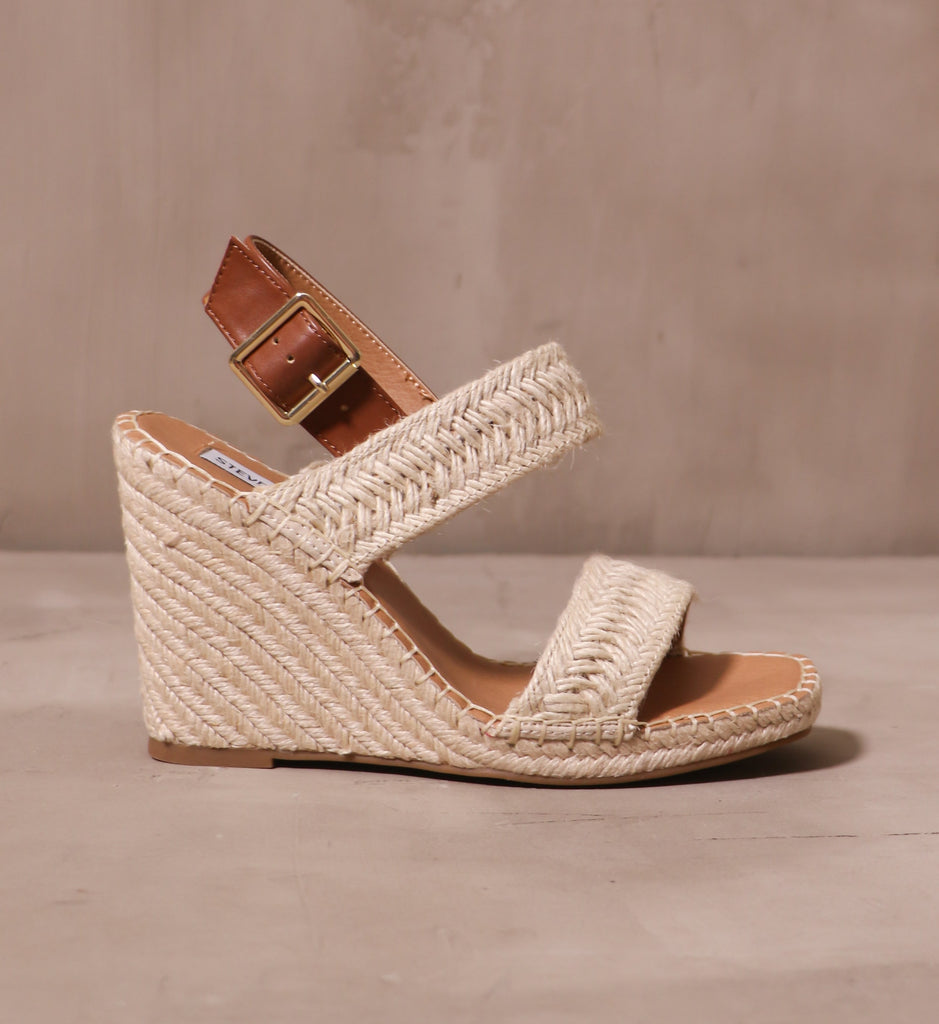 outer side of the steve madden espadrille you be mine wedge with braided rope wrapped platform wedge sole