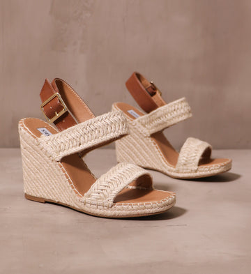 espadrille you be mine wedges with tan leather back strap and raffia braided straps